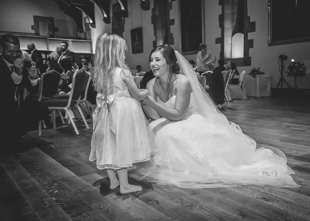 bride and flower girl bw