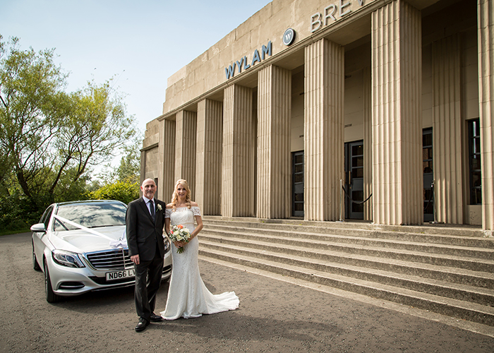 bride and father outside wylam brwery