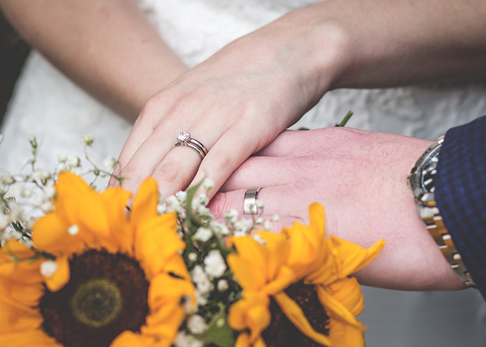 close up of wedding ring and hands